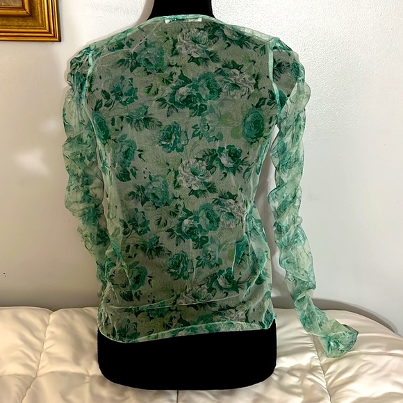 Zara Green Sheer Ruched sleeved Floral Shirt - Picture 2 of 3